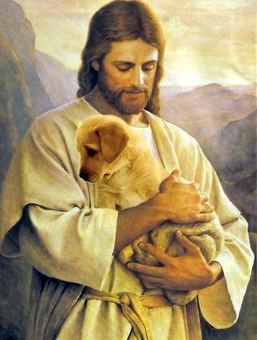 Dios cargando un cachorro